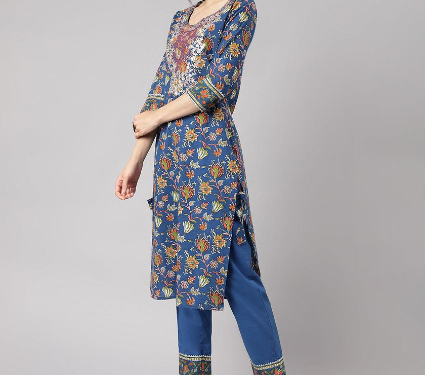 Divena Blue Floral Printed Kurta Pant Set with dupatta - divena world