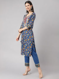 Divena Blue Floral Printed Kurta Pant Set with dupatta - divena world