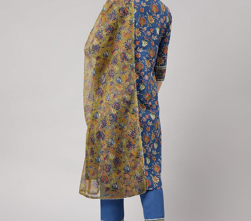 Divena Blue Floral Printed Kurta Pant Set with dupatta - divena world