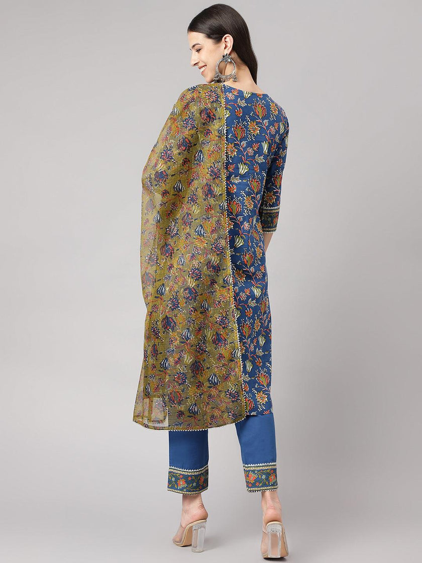 Divena Blue Floral Printed Kurta Pant Set with dupatta - divena world