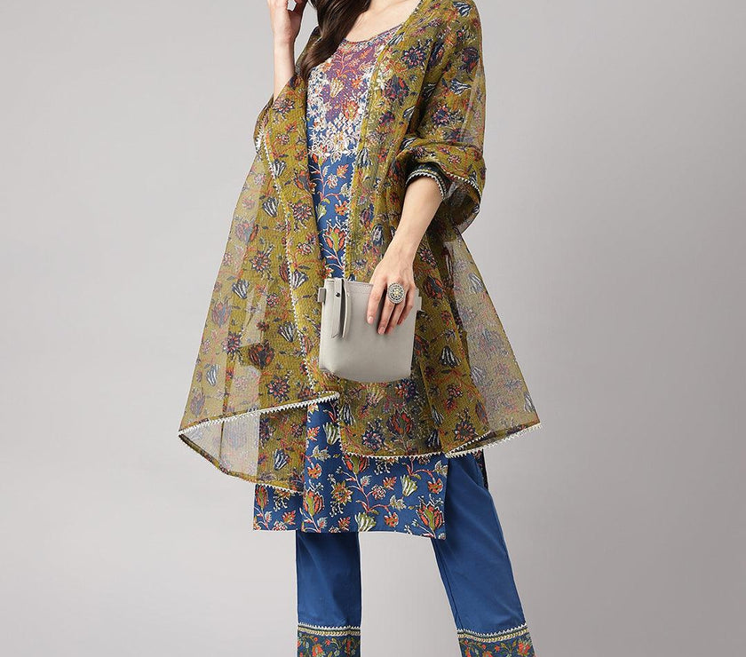 Divena Blue Floral Printed Kurta Pant Set with dupatta - divena world