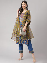 Divena Blue Floral Printed Kurta Pant Set with dupatta - divena world