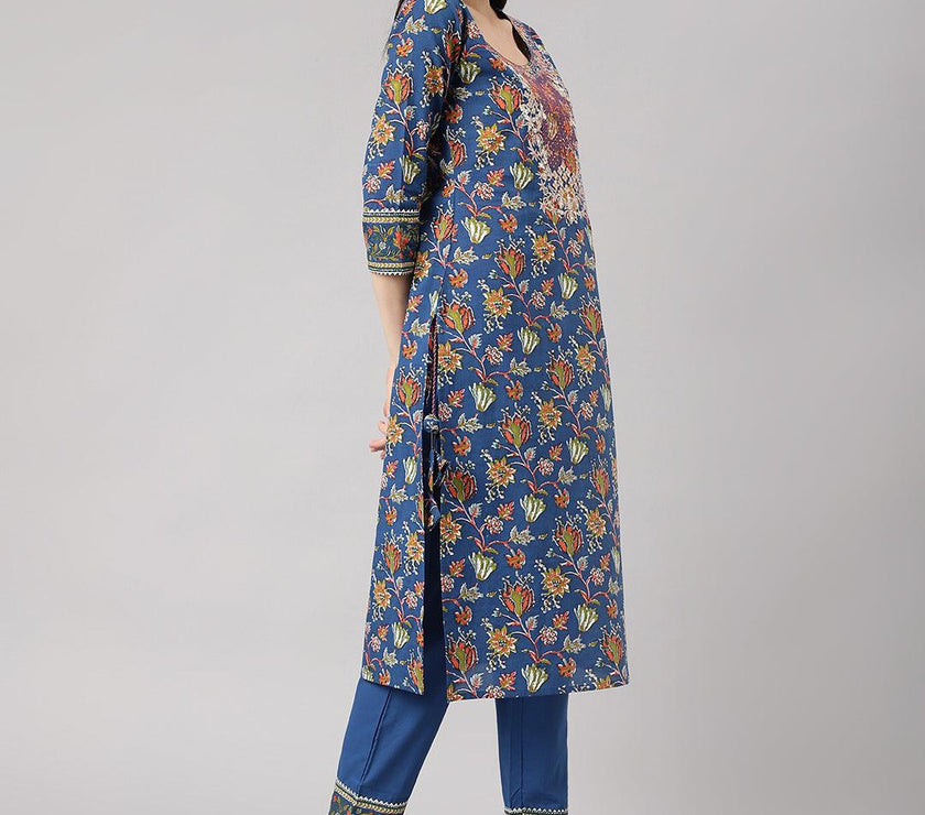 Divena Blue Floral Printed Kurta Pant Set with dupatta - divena world