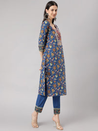 Divena Blue Floral Printed Kurta Pant Set with dupatta - divena world