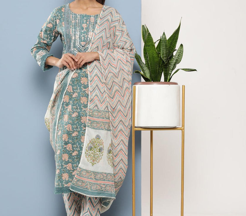 Divena Teal Blue Cotton Straight pant set with Dupatta - divena world