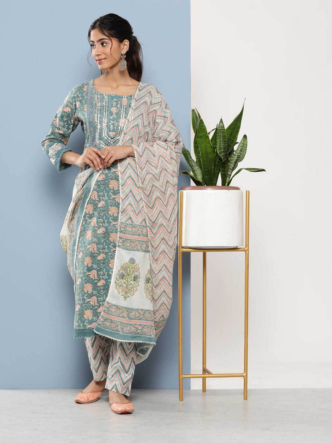 Divena Teal Blue Cotton Straight pant set with Dupatta - divena world