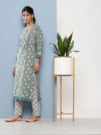 Divena Teal Blue Cotton Straight pant set with Dupatta - divena world