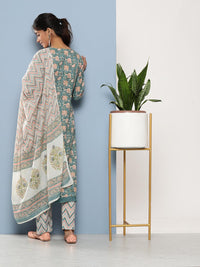 Divena Teal Blue Cotton Straight pant set with Dupatta - divena world