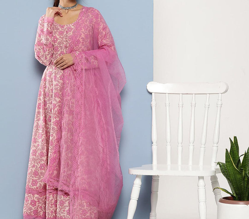 Divena Lilac Floral Printed Anarkali Kurta Pant set with Dupatta - divena world