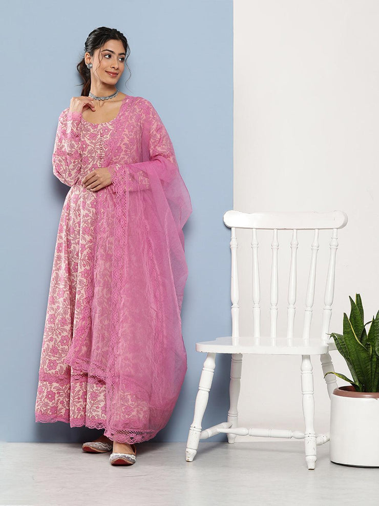 Divena Lilac Floral Printed Anarkali Kurta Pant set with Dupatta - divena world