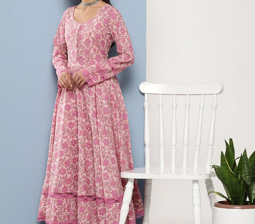 Divena Lilac Floral Printed Anarkali Kurta Pant set with Dupatta - divena world