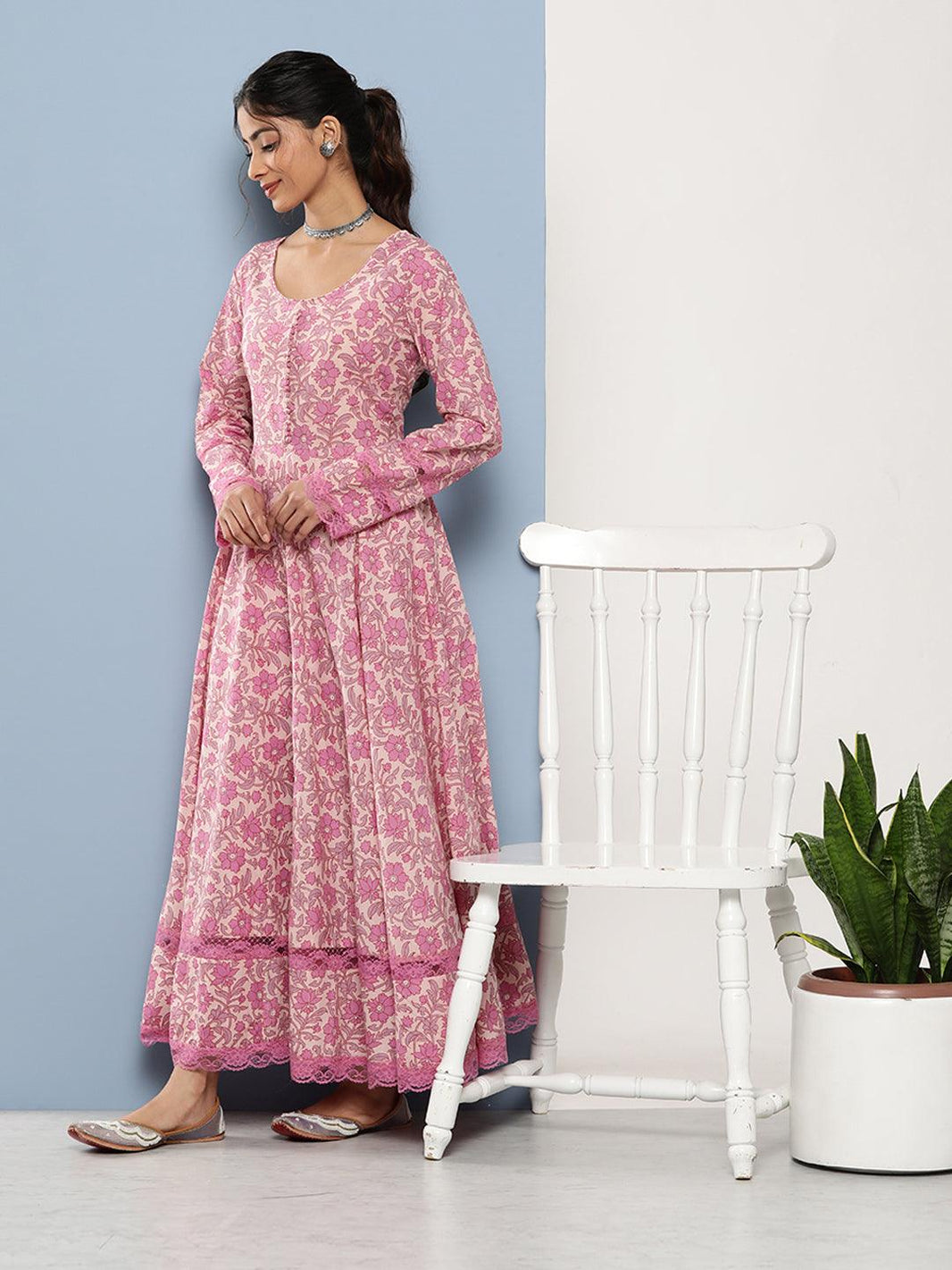 Divena Lilac Floral Printed Anarkali Kurta Pant set with Dupatta - divena world