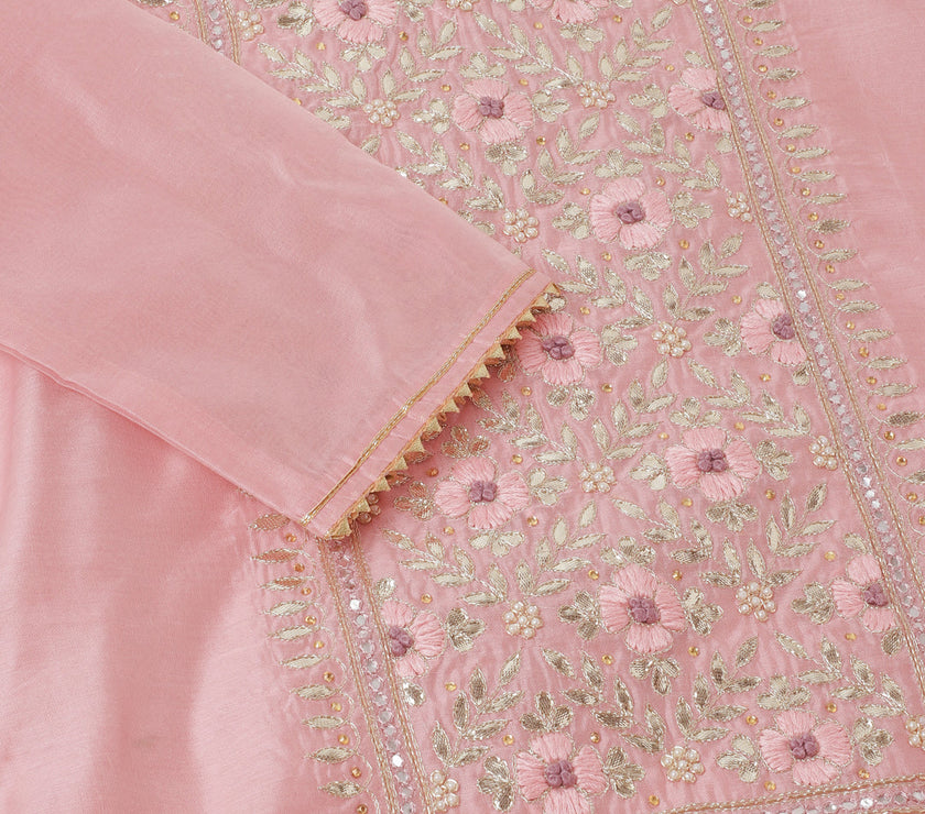 Pink Embroidered Chanderi Kurta with trouser & Organza Dupatta