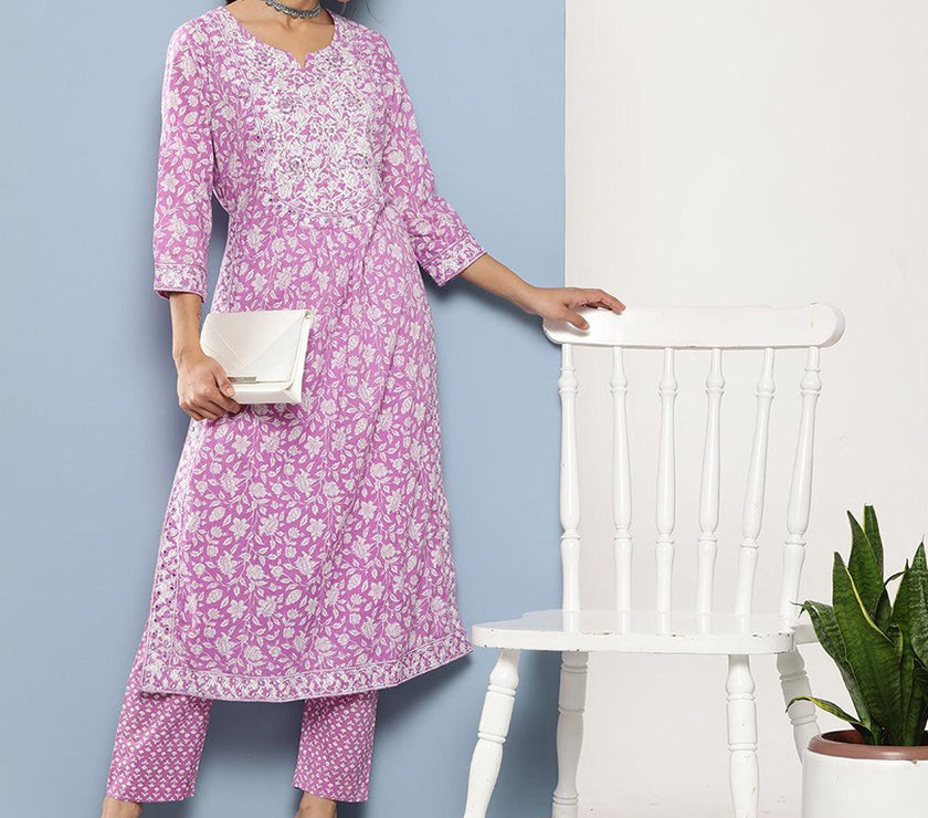 Divena Purple Gethered Floral Printed Kurta Pant Sets - divena world