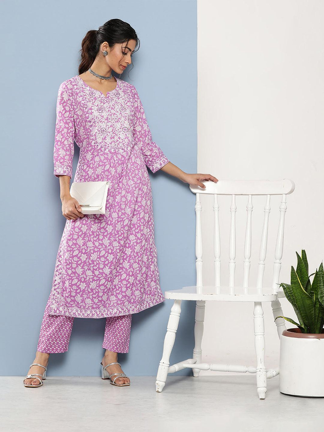 Divena Purple Gethered Floral Printed Kurta Pant Sets - divena world