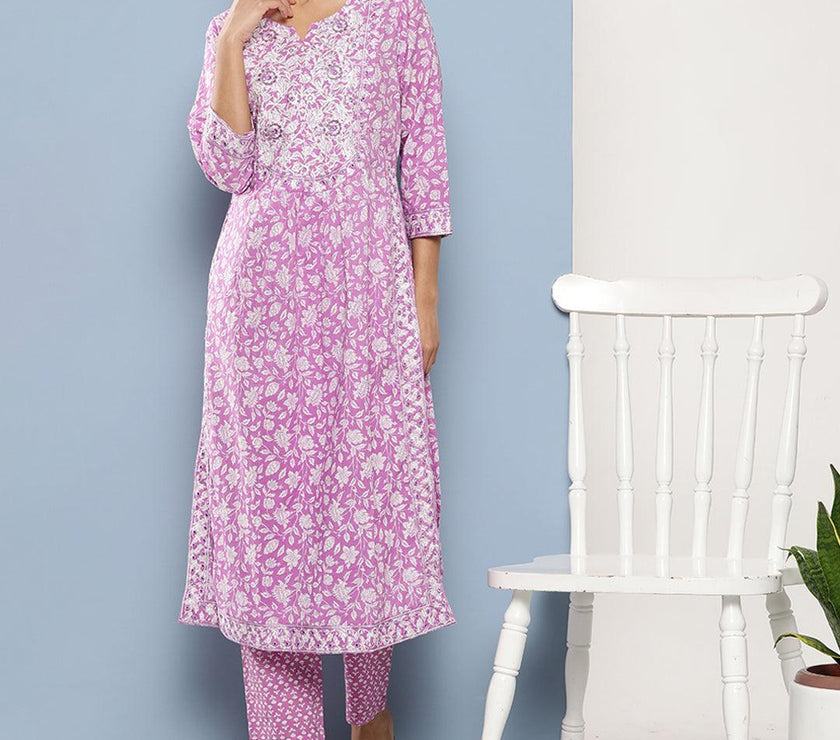 Divena Purple Gethered Floral Printed Kurta Pant Sets - divena world