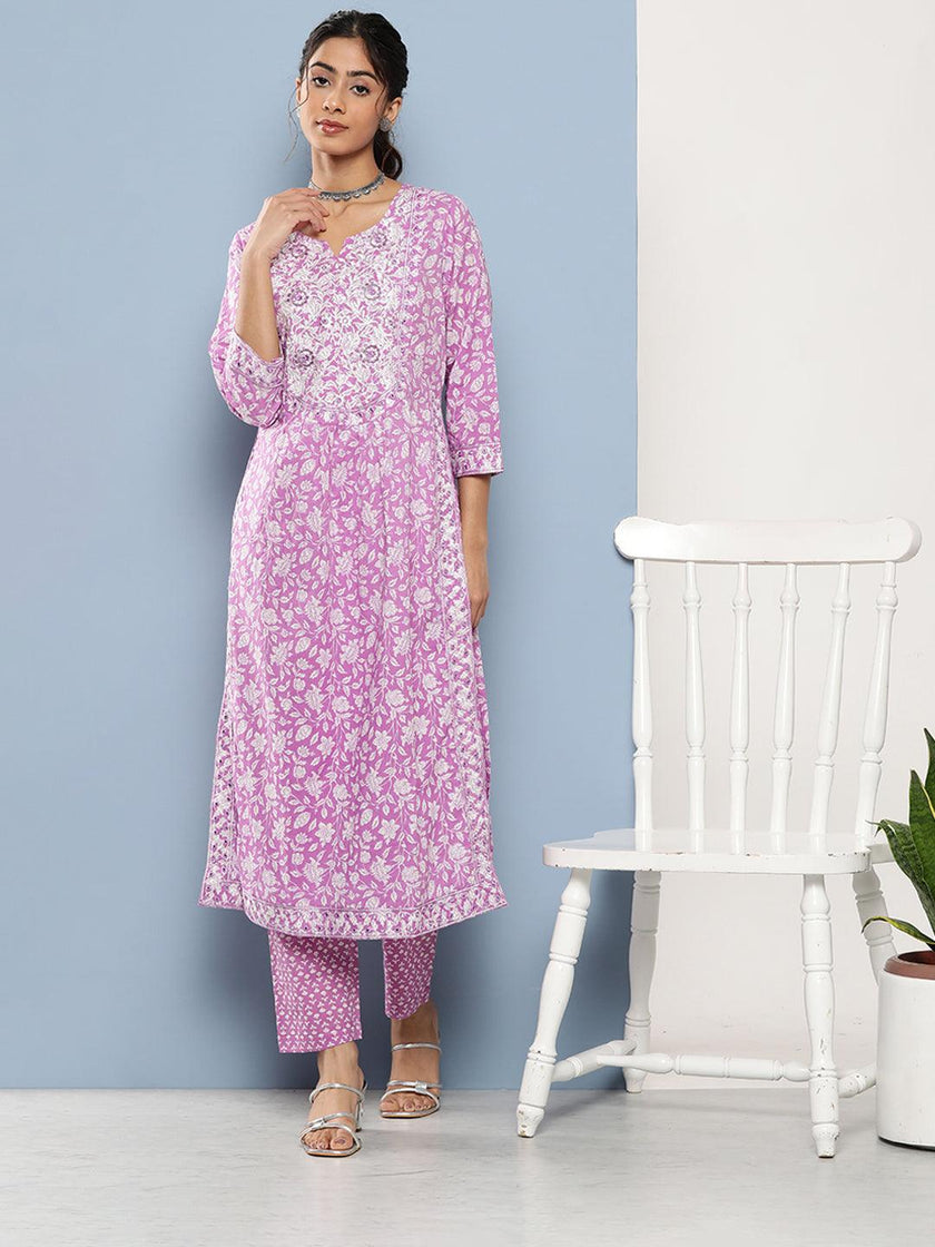 Divena Purple Gethered Floral Printed Kurta Pant Sets - divena world