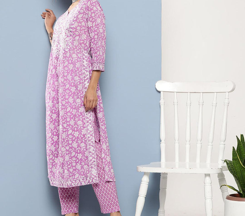 Divena Purple Gethered Floral Printed Kurta Pant Sets - divena world