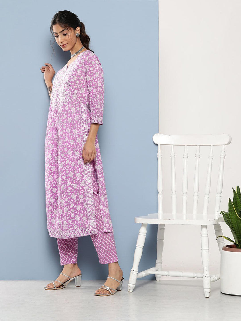 Divena Purple Gethered Floral Printed Kurta Pant Sets - divena world