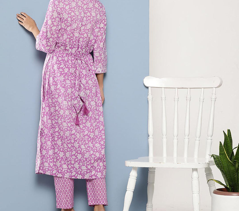 Divena Purple Gethered Floral Printed Kurta Pant Sets - divena world