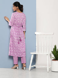 Divena Purple Gethered Floral Printed Kurta Pant Sets - divena world