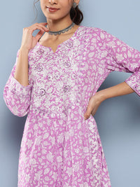 Divena Purple Gethered Floral Printed Kurta Pant Sets - divena world