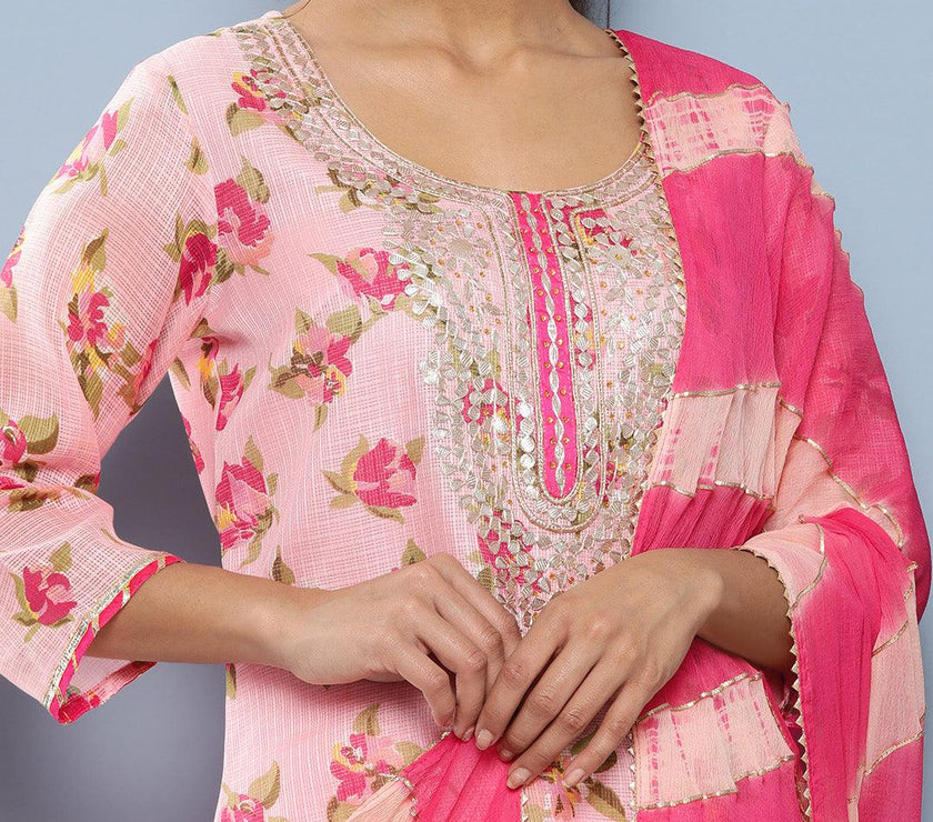 Divena Pink Kota Doria Floral Printed Kurta Pant Dupatta Sets - divena world