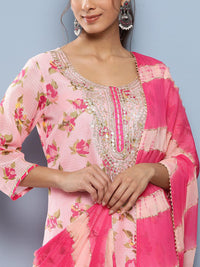 Divena Pink Kota Doria Floral Printed Kurta Pant Dupatta Sets - divena world