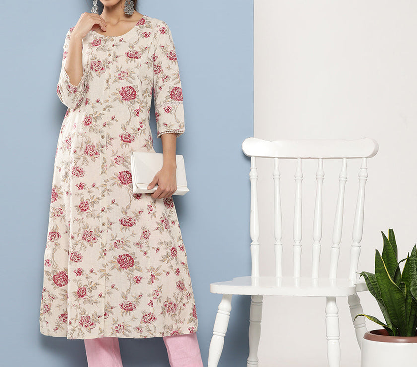 Divena Off White Women Floral Printed Cotton Kurta