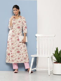 Divena Off White Women Floral Printed Cotton Kurta