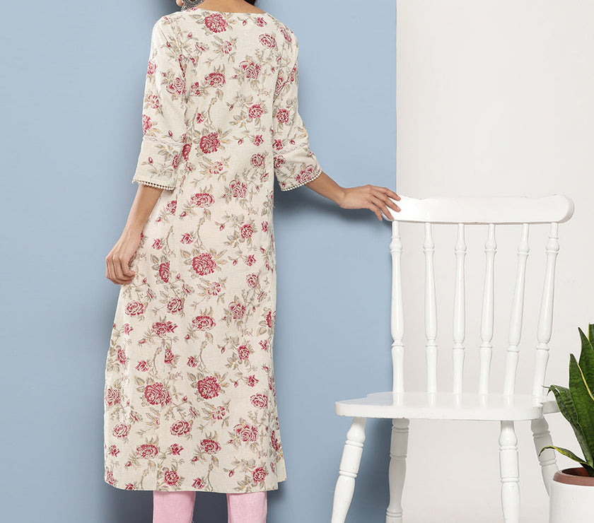 Divena Off White Women Floral Printed Cotton Kurta