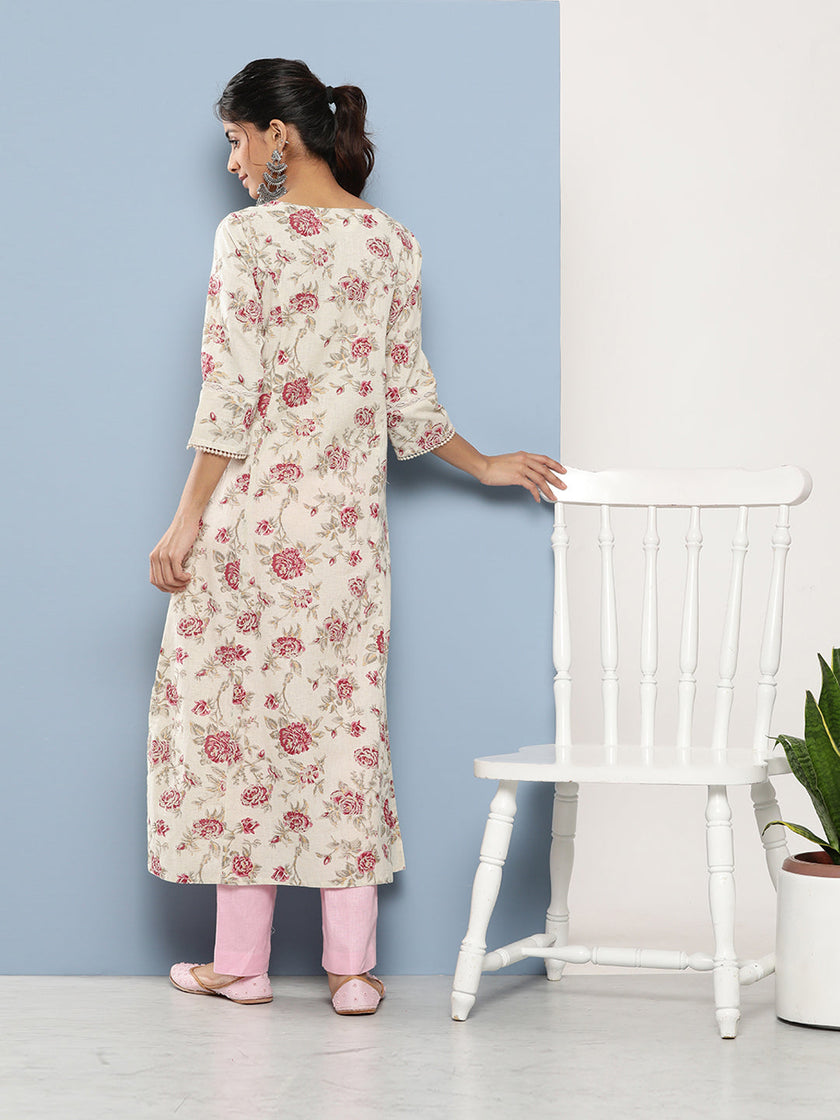 Divena Off White Women Floral Printed Cotton Kurta