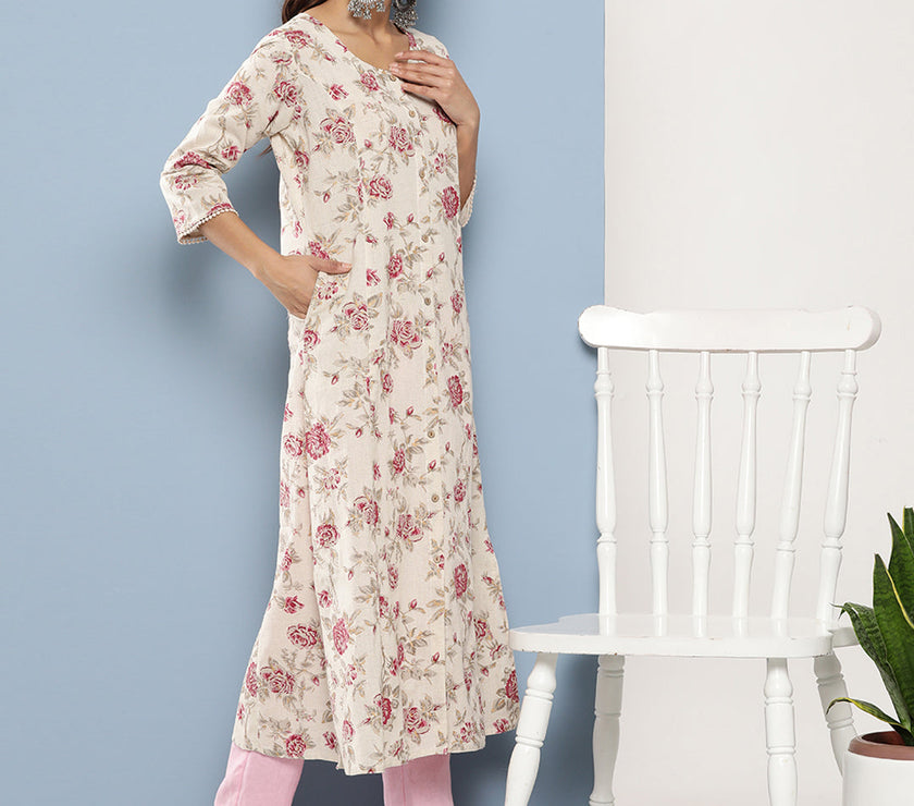 Divena Off White Women Floral Printed Cotton Kurta