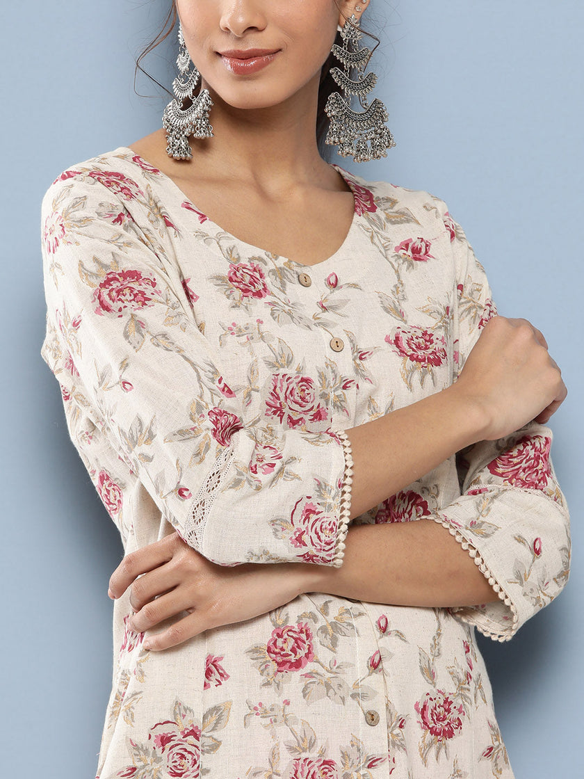 Divena Off White Women Floral Printed Cotton Kurta