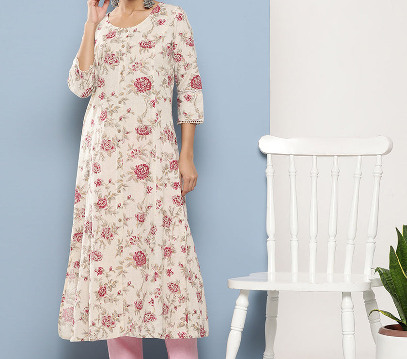 Divena Off White Women Floral Printed Cotton Kurta