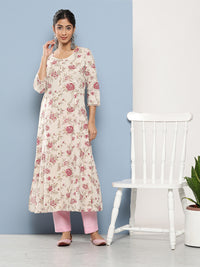 Divena Off White Women Floral Printed Cotton Kurta