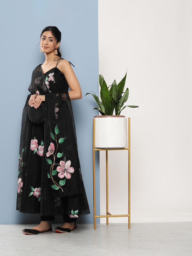 Divena Black Hand Painted Floral Organza Anarkali Kurta Pant Set with Dupatta - divena world