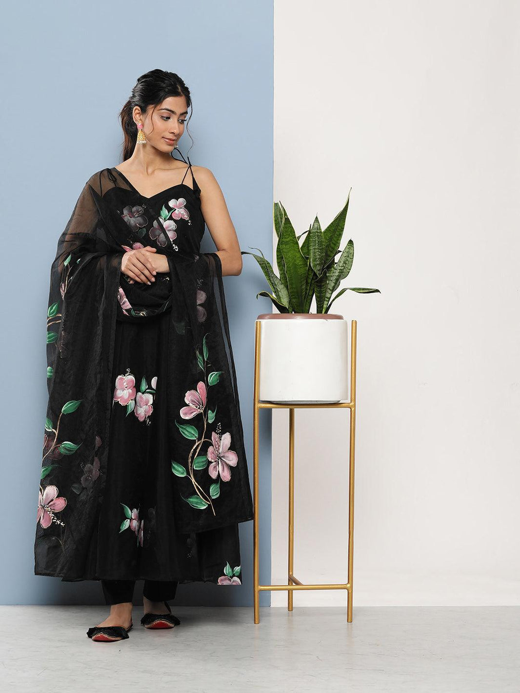 Divena Black Hand Painted Floral Organza Anarkali Kurta Pant Set with Dupatta - divena world