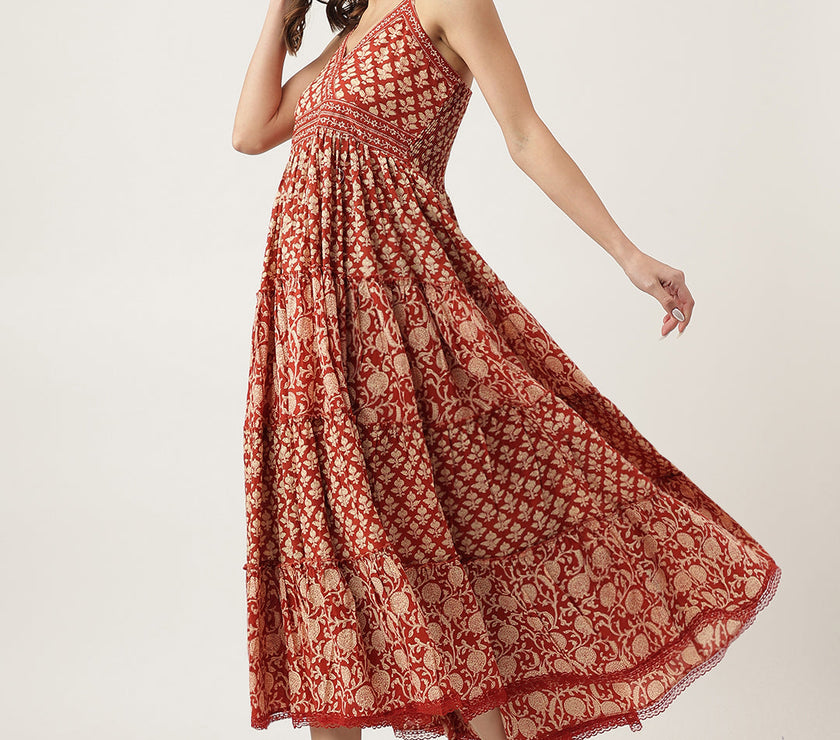 Divena Maroon Floral printed Cotton Tiered Dress with Smoking Back