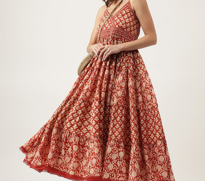 Divena Maroon Floral printed Cotton Tiered Dress with Smoking Back