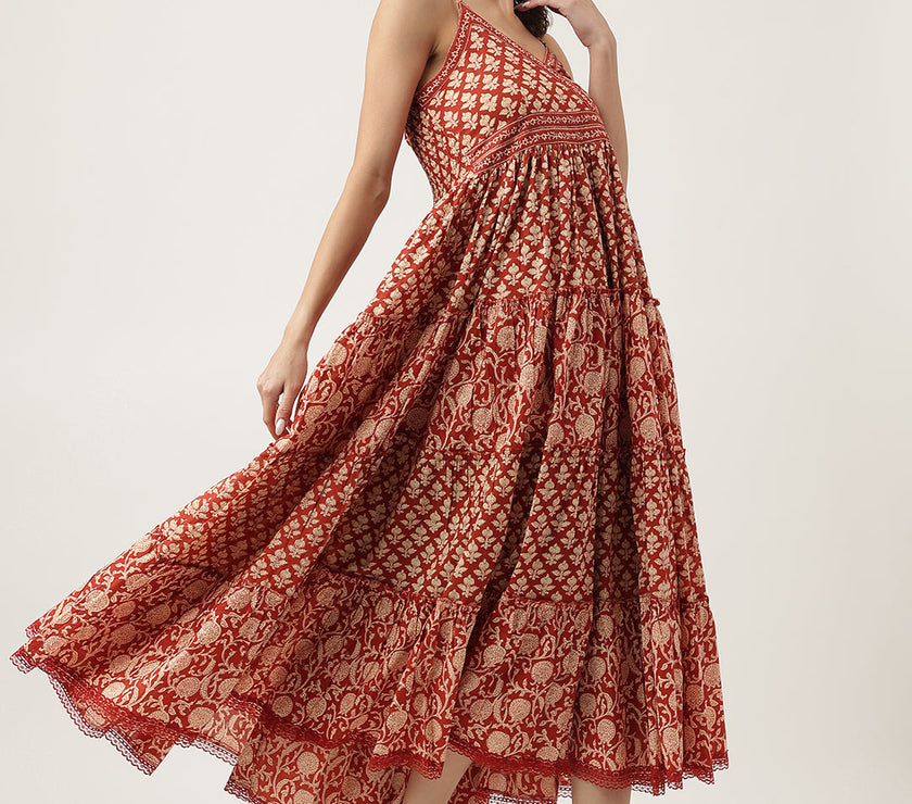 Divena Maroon Floral printed Cotton Tiered Dress with Smoking Back