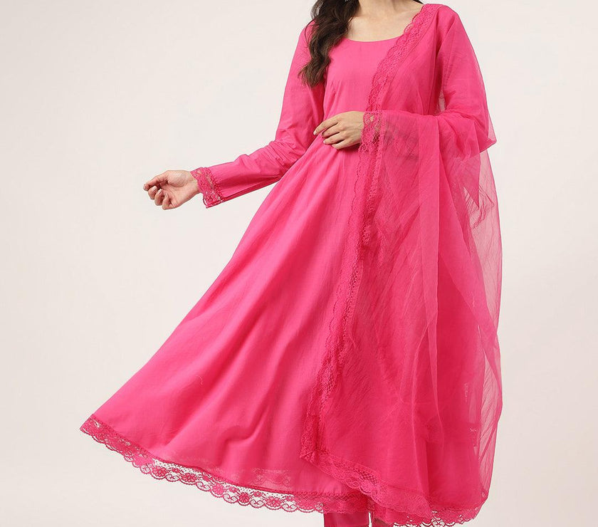 Divena Pink Solid Anarkali Kurta Pant set with Dupatta - divena world