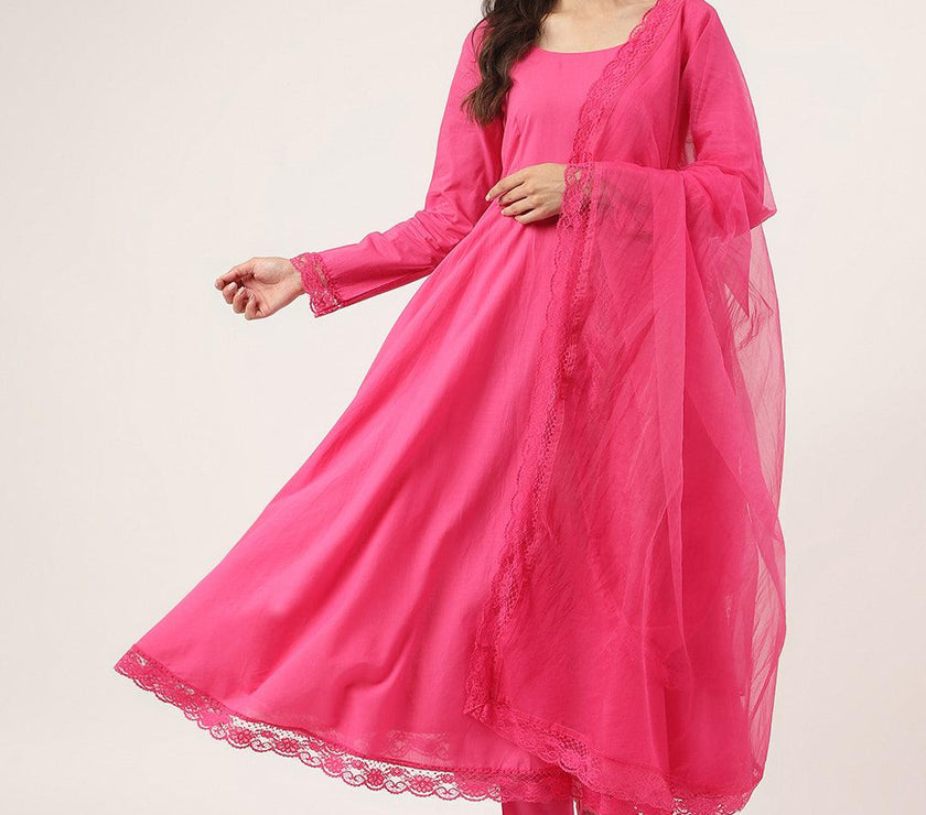 Divena Pink Solid Anarkali Kurta Pant set with Dupatta - divena world