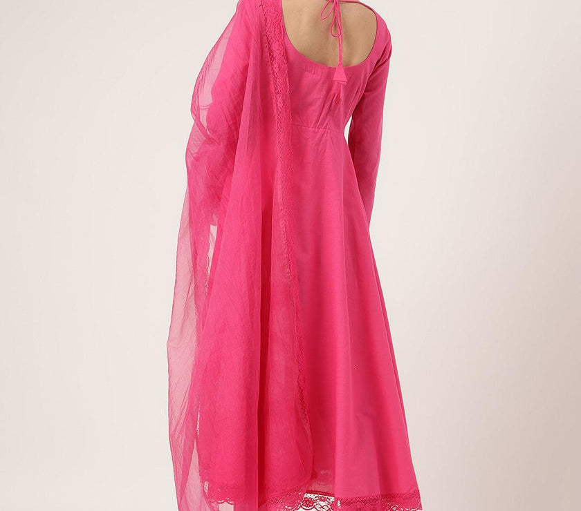 Divena Pink Solid Anarkali Kurta Pant set with Dupatta - divena world