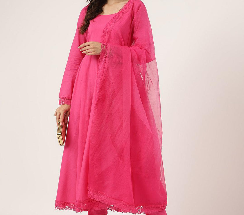 Divena Pink Solid Anarkali Kurta Pant set with Dupatta - divena world