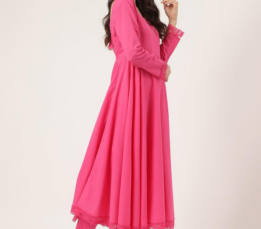 Divena Pink Solid Anarkali Kurta Pant set with Dupatta - divena world