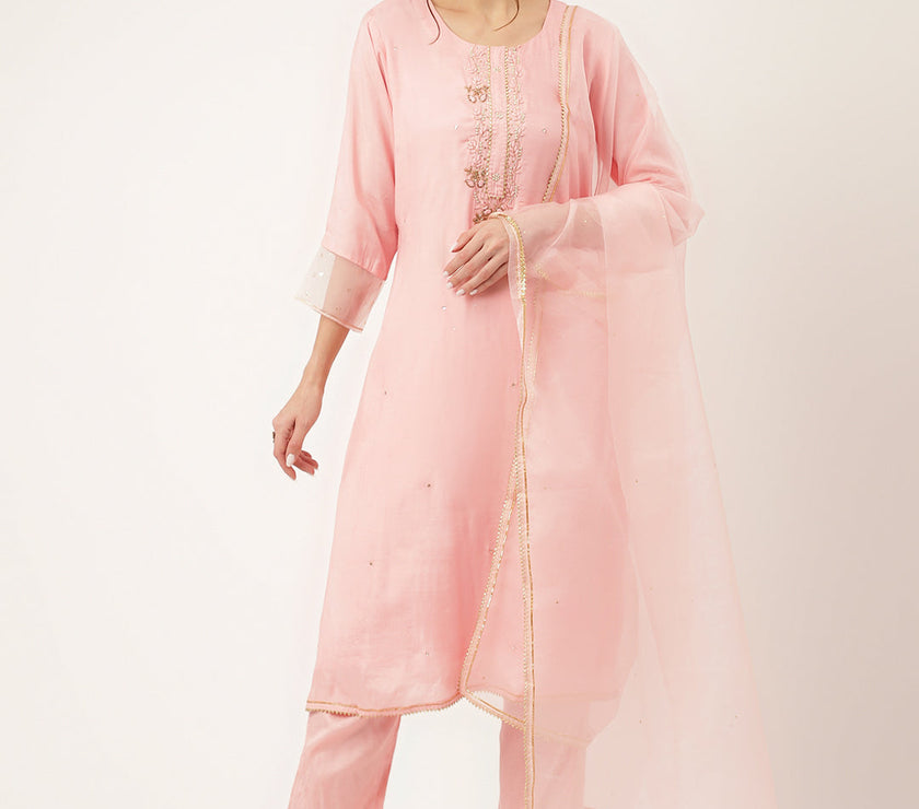 Divena Baby Pink Embroidered Chanderi  Kurta, Trouser With Dupatta