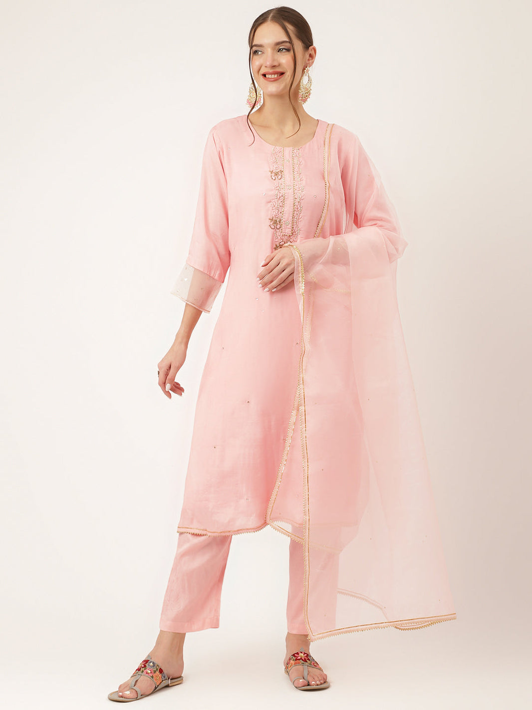 Divena Baby Pink Embroidered Chanderi  Kurta, Trouser With Dupatta