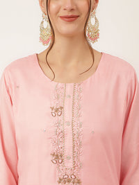 Divena Baby Pink Embroidered Chanderi  Kurta, Trouser With Dupatta