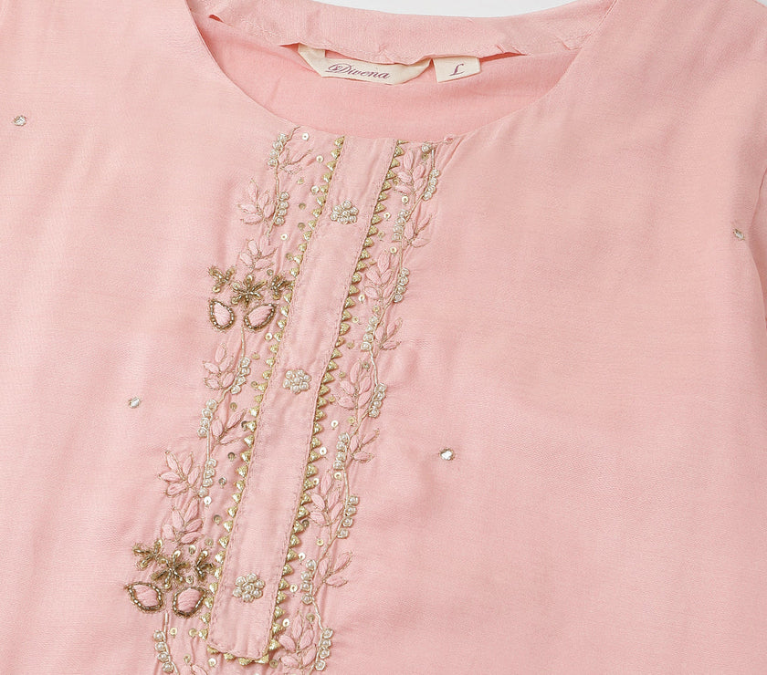 Divena Baby Pink Embroidered Chanderi  Kurta, Trouser With Dupatta